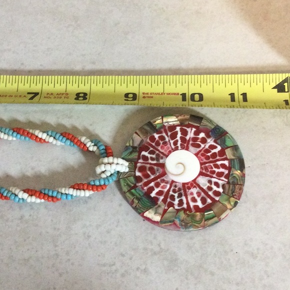 3 strand twisted bead necklace with 2” round abalone shell drop - Picture 6 of 7